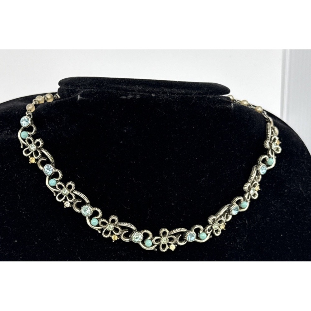 Vtg Lisner Yellow Blue Rhinestone and Bead Choker Necklace Silvertone Hook Adj‎
